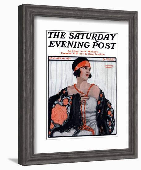 "Flapper in Shawl and Beads," Saturday Evening Post Cover, January 19, 1924-G. Moore-Framed Giclee Print