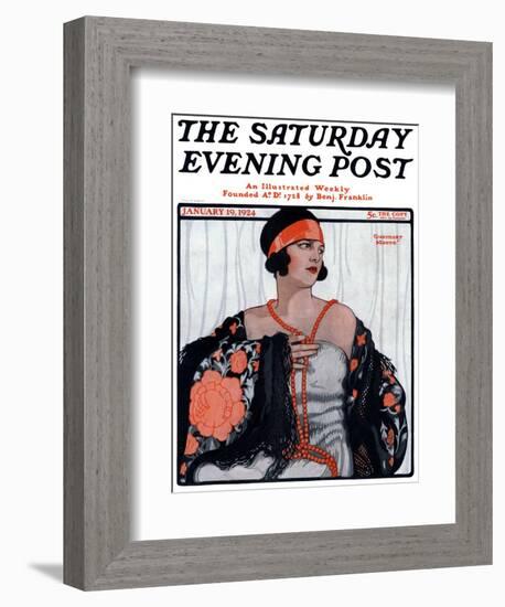 "Flapper in Shawl and Beads," Saturday Evening Post Cover, January 19, 1924-G. Moore-Framed Giclee Print