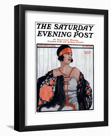 "Flapper in Shawl and Beads," Saturday Evening Post Cover, January 19, 1924-G. Moore-Framed Giclee Print