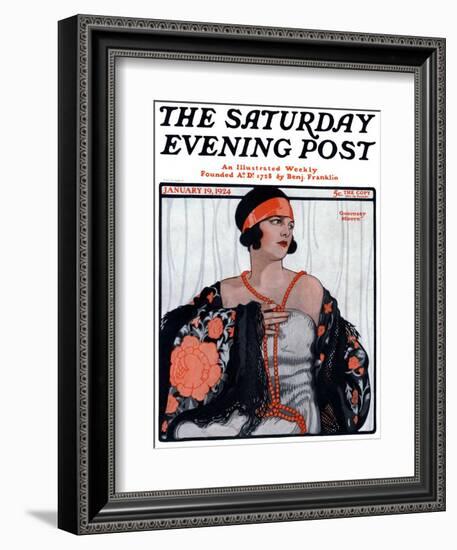 "Flapper in Shawl and Beads," Saturday Evening Post Cover, January 19, 1924-G. Moore-Framed Giclee Print