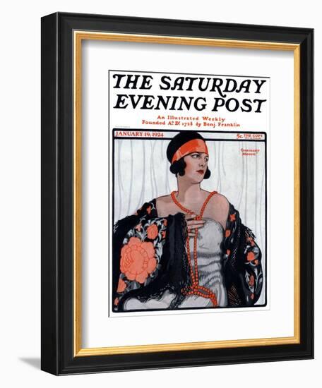 "Flapper in Shawl and Beads," Saturday Evening Post Cover, January 19, 1924-G. Moore-Framed Giclee Print