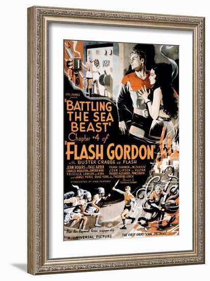 Flash Gordon, Larry 'Buster' Crabbe In 'Chapter 4: Battling the Sea Beast', 1936-null-Framed Art Print