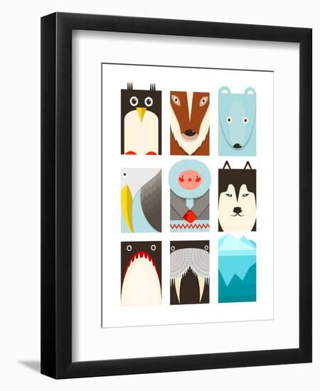 Flat Arctic Symbols Set. North Pole Animals Collection. Vector Layered Eps8 Illustration.-Popmarleo-Framed Art Print