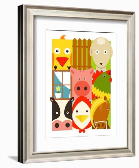 Flat Childish Rectangular Cattle Farm Animals Set. Animals Design Collection. Vector Layered Eps8 I-Popmarleo-Framed Art Print