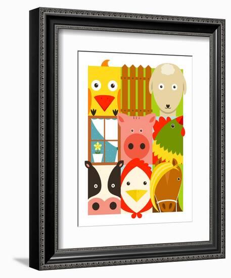 Flat Childish Rectangular Cattle Farm Animals Set. Animals Design Collection. Vector Layered Eps8 I-Popmarleo-Framed Art Print