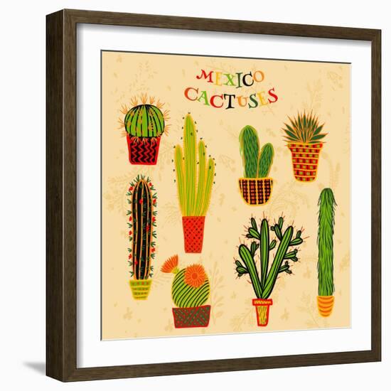 Flat Colorful Illustration of Mexican Succulent Plants and Cactuses in Pots. Vector Botanical Graph-kateja-Framed Art Print