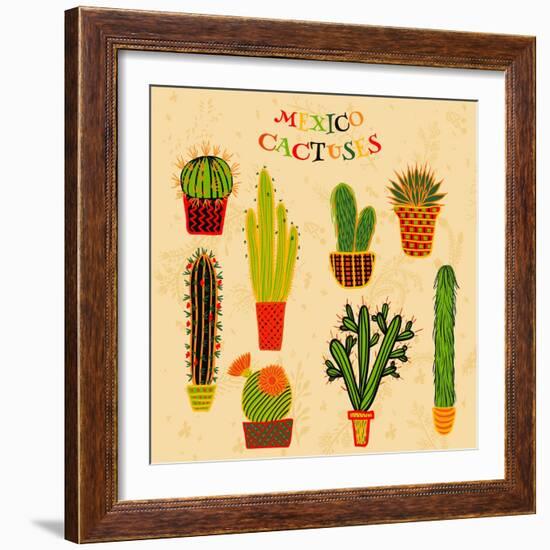 Flat Colorful Illustration of Mexican Succulent Plants and Cactuses in Pots. Vector Botanical Graph-kateja-Framed Art Print