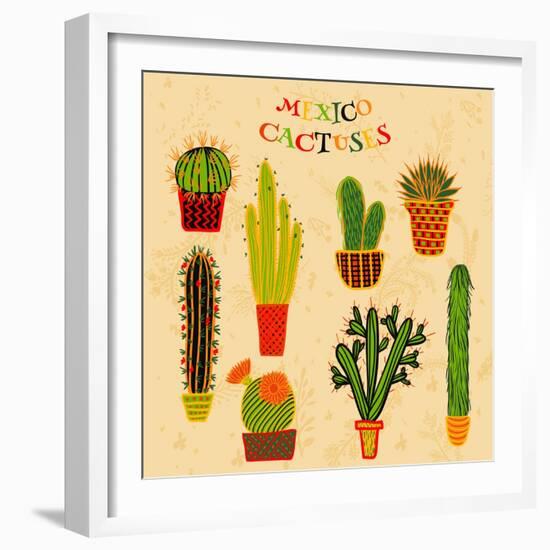 Flat Colorful Illustration of Mexican Succulent Plants and Cactuses in Pots. Vector Botanical Graph-kateja-Framed Art Print