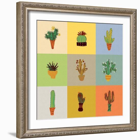 Flat Colorful Illustration of Mexican Succulent Plants and Cactuses in Pots. Vector Botanical Graph-kateja-Framed Art Print