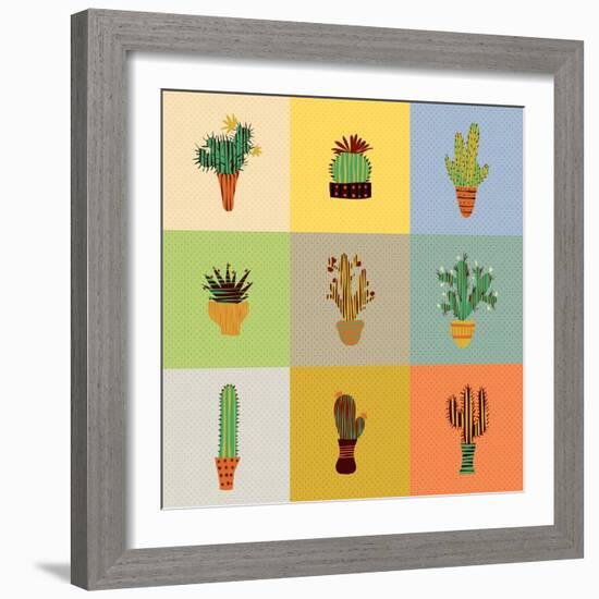 Flat Colorful Illustration of Mexican Succulent Plants and Cactuses in Pots. Vector Botanical Graph-kateja-Framed Art Print