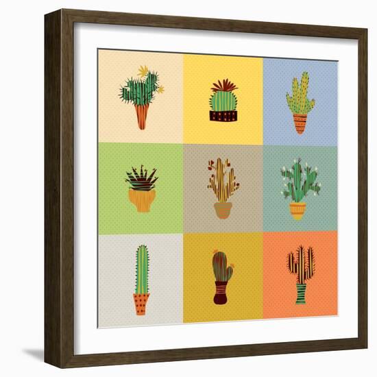 Flat Colorful Illustration of Mexican Succulent Plants and Cactuses in Pots. Vector Botanical Graph-kateja-Framed Art Print