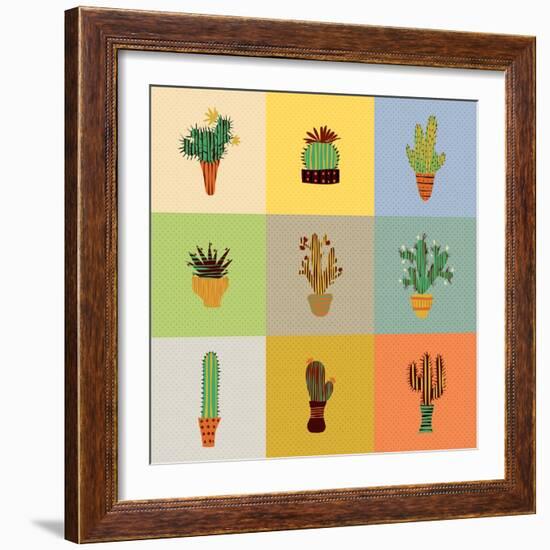 Flat Colorful Illustration of Mexican Succulent Plants and Cactuses in Pots. Vector Botanical Graph-kateja-Framed Art Print