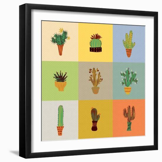 Flat Colorful Illustration of Mexican Succulent Plants and Cactuses in Pots. Vector Botanical Graph-kateja-Framed Art Print