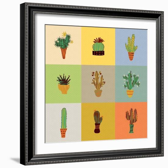 Flat Colorful Illustration of Mexican Succulent Plants and Cactuses in Pots. Vector Botanical Graph-kateja-Framed Art Print