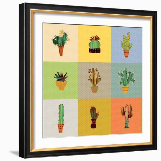 Flat Colorful Illustration of Mexican Succulent Plants and Cactuses in Pots. Vector Botanical Graph-kateja-Framed Art Print