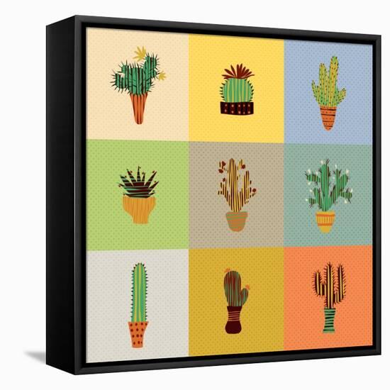 Flat Colorful Illustration of Mexican Succulent Plants and Cactuses in Pots. Vector Botanical Graph-kateja-Framed Stretched Canvas