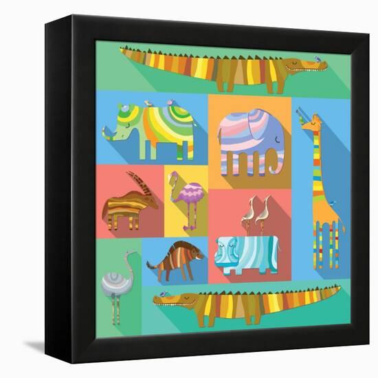 Flat Icons with African Animals-Evgeniya Balala-Framed Stretched Canvas