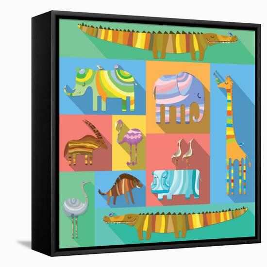 Flat Icons with African Animals-Evgeniya Balala-Framed Stretched Canvas