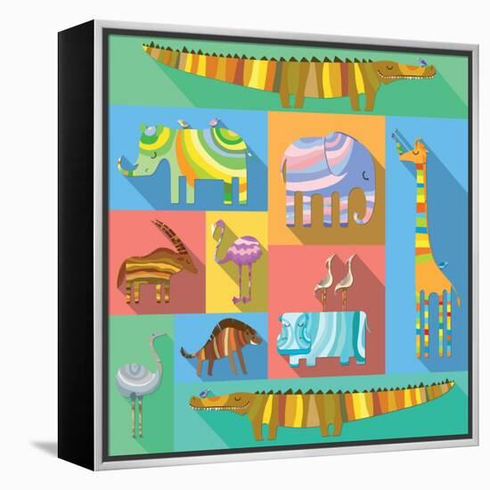 Flat Icons with African Animals-Evgeniya Balala-Framed Stretched Canvas