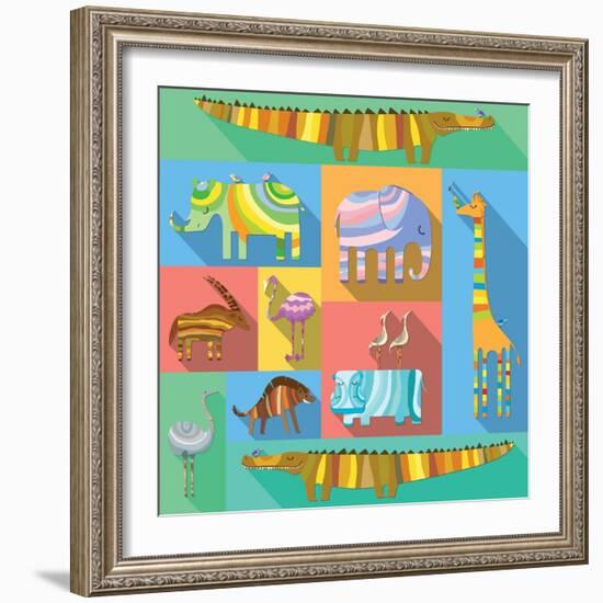 Flat Icons with African Animals-Evgeniya Balala-Framed Art Print