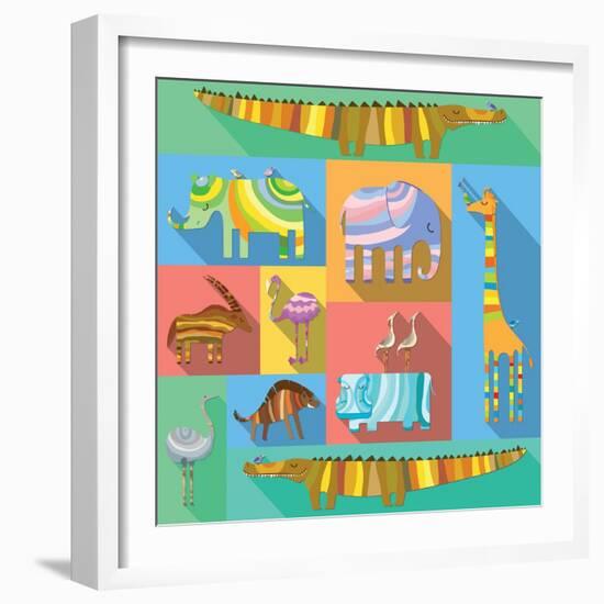 Flat Icons with African Animals-Evgeniya Balala-Framed Art Print