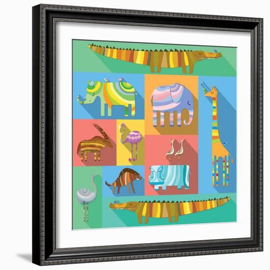 Flat Icons with African Animals-Evgeniya Balala-Framed Art Print