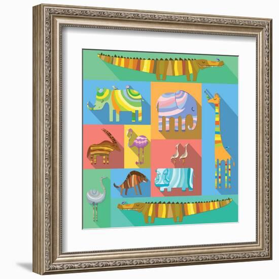 Flat Icons with African Animals-Evgeniya Balala-Framed Art Print