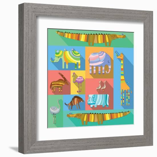 Flat Icons with African Animals-Evgeniya Balala-Framed Art Print