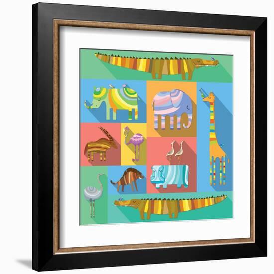 Flat Icons with African Animals-Evgeniya Balala-Framed Art Print