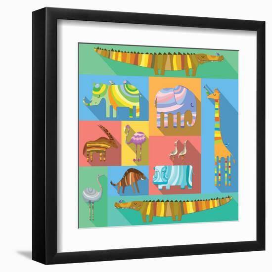 Flat Icons with African Animals-Evgeniya Balala-Framed Art Print