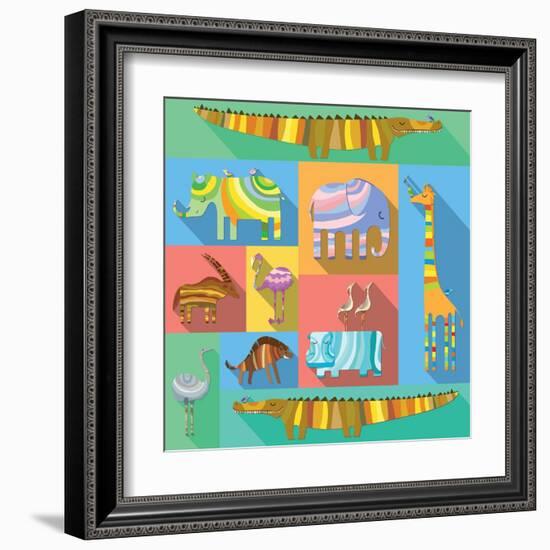 Flat Icons with African Animals-Evgeniya Balala-Framed Art Print