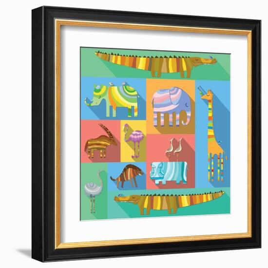 Flat Icons with African Animals-Evgeniya Balala-Framed Art Print