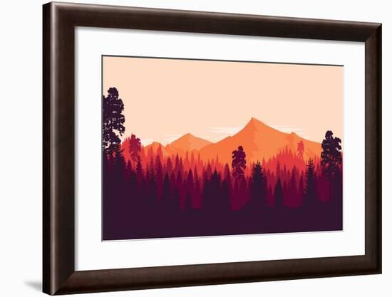 Flat Landscape of Mountain and Forest in Evening in Warm Tone. Vector Illustration-miomart-Framed Art Print