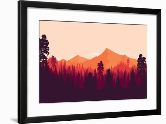 Flat Landscape of Mountain and Forest in Evening in Warm Tone. Vector Illustration-miomart-Framed Art Print