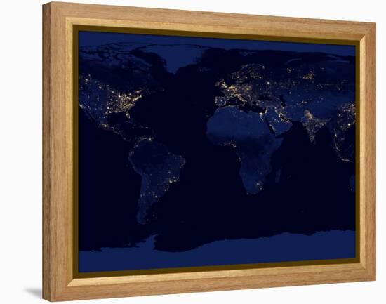 Flat Map of Earth Showing City Lights of the World at Night-Stocktrek Images-Framed Premier Image Canvas