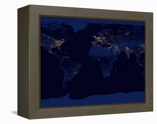 Flat Map of Earth Showing City Lights of the World at Night-Stocktrek Images-Framed Premier Image Canvas