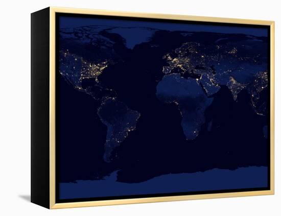 Flat Map of Earth Showing City Lights of the World at Night-Stocktrek Images-Framed Premier Image Canvas