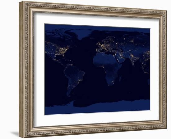 Flat Map of Earth Showing City Lights of the World at Night-Stocktrek Images-Framed Photographic Print