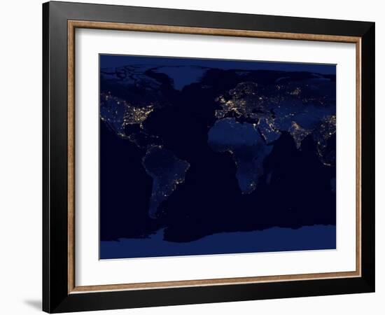 Flat Map of Earth Showing City Lights of the World at Night-Stocktrek Images-Framed Photographic Print