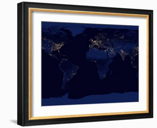 Flat Map of Earth Showing City Lights of the World at Night-Stocktrek Images-Framed Photographic Print