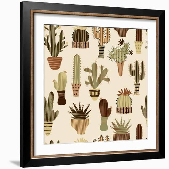 Flat Seamless Pattern with Succulent Plants and Cactuses in Pots. Vector Botanical Graphic Set With-kateja-Framed Art Print