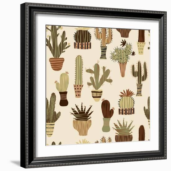 Flat Seamless Pattern with Succulent Plants and Cactuses in Pots. Vector Botanical Graphic Set With-kateja-Framed Art Print