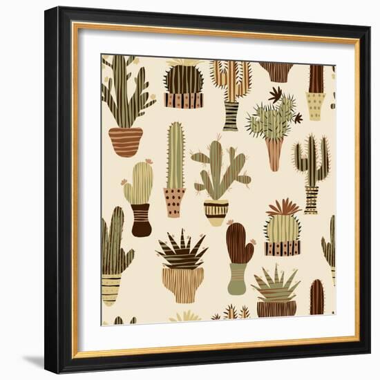 Flat Seamless Pattern with Succulent Plants and Cactuses in Pots. Vector Botanical Graphic Set With-kateja-Framed Art Print