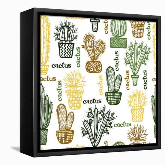 Flat Seamless Pattern with Succulent Plants and Cactuses in Pots. Vector Botanical Graphic Set With-kateja-Framed Stretched Canvas