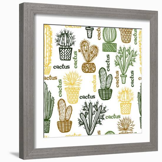 Flat Seamless Pattern with Succulent Plants and Cactuses in Pots. Vector Botanical Graphic Set With-kateja-Framed Art Print