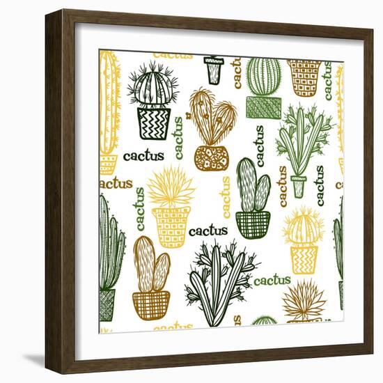 Flat Seamless Pattern with Succulent Plants and Cactuses in Pots. Vector Botanical Graphic Set With-kateja-Framed Art Print