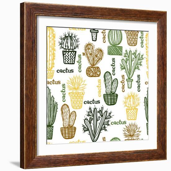 Flat Seamless Pattern with Succulent Plants and Cactuses in Pots. Vector Botanical Graphic Set With-kateja-Framed Art Print