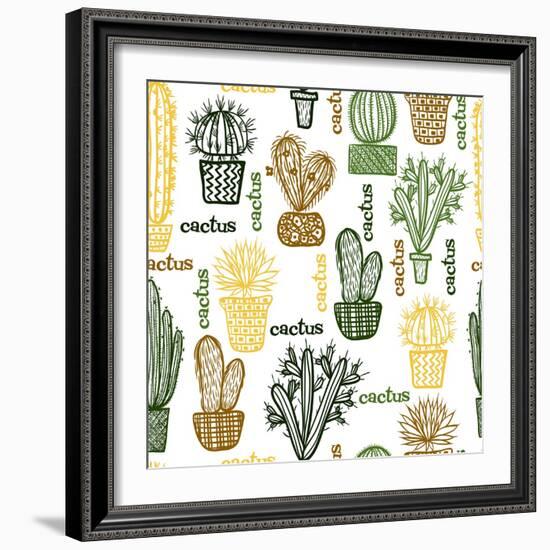 Flat Seamless Pattern with Succulent Plants and Cactuses in Pots. Vector Botanical Graphic Set With-kateja-Framed Art Print