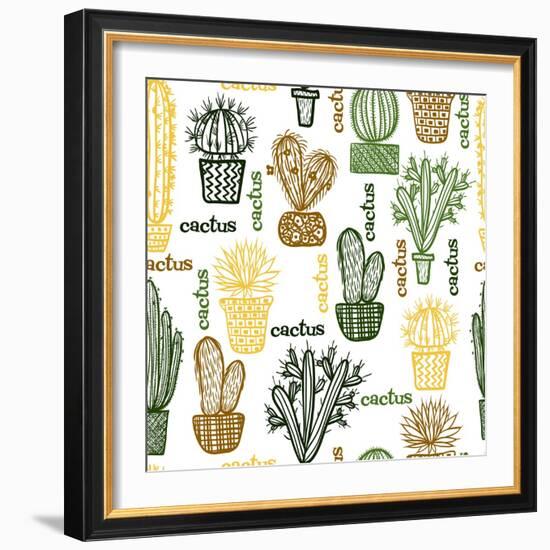 Flat Seamless Pattern with Succulent Plants and Cactuses in Pots. Vector Botanical Graphic Set With-kateja-Framed Art Print