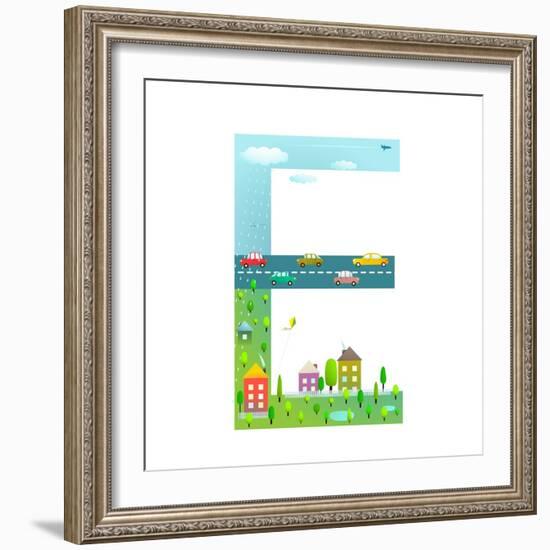 Flat Style Alphabet Letter E for Kids with Cars and City. for Children Boys and Girls with City, Ho-Popmarleo-Framed Art Print